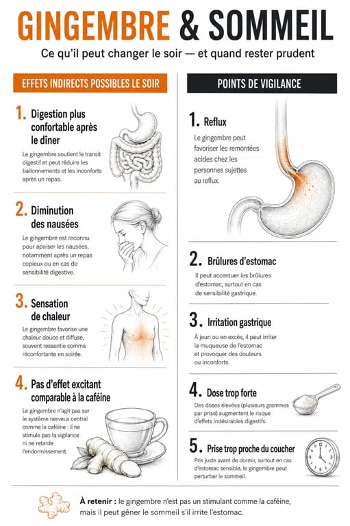 Infographie gingembre et sommeil : effets sur la digestion, le reflux et la prise le soir