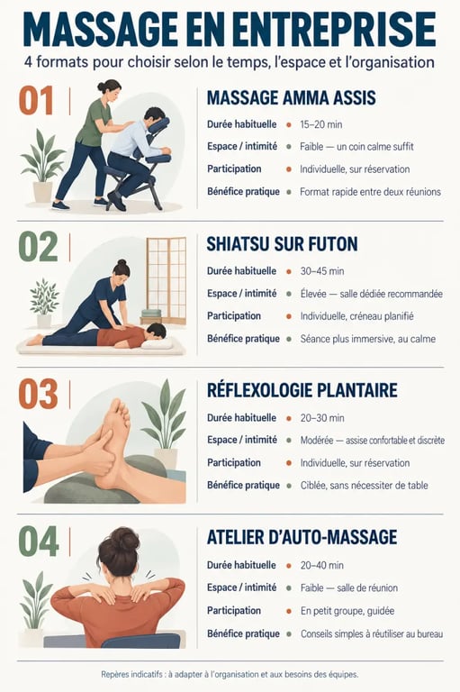 Infographie des formats de massage dans les entreprises et de leurs contraintes d’organisation