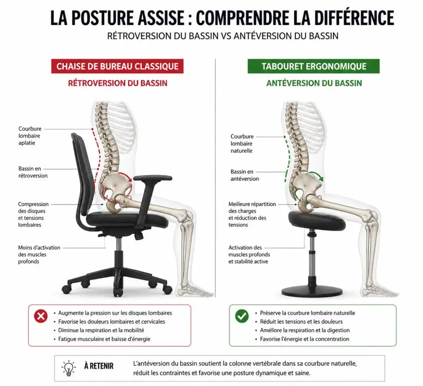 Comparaison anatomique : posture sur chaise classique vs tabouret ergonomique pour soulager le mal de dos
