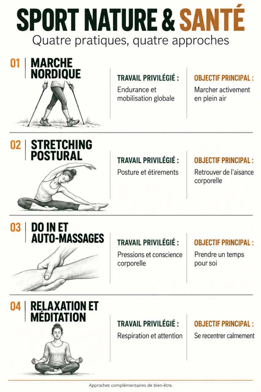 Infographie sport nature santé comparant marche nordique, stretching postural, Do In et relaxation