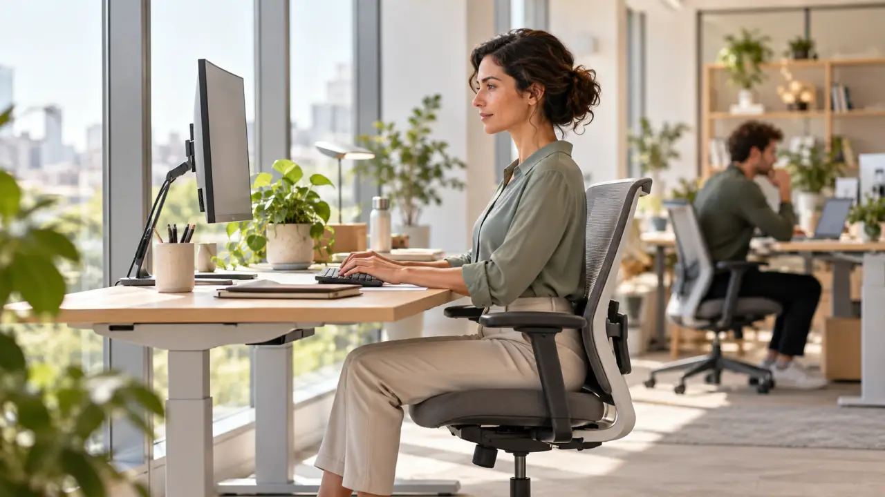 Espace de bureau moderne avec une chaise ergonomique dans une lumière naturelle