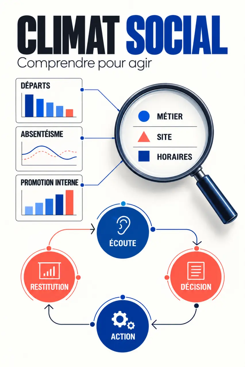 Infographie sur le climat sociale en entreprise et les indicateurs RH