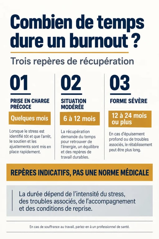 Infographie sur combien de temps dure un burnout et les repères de récupération