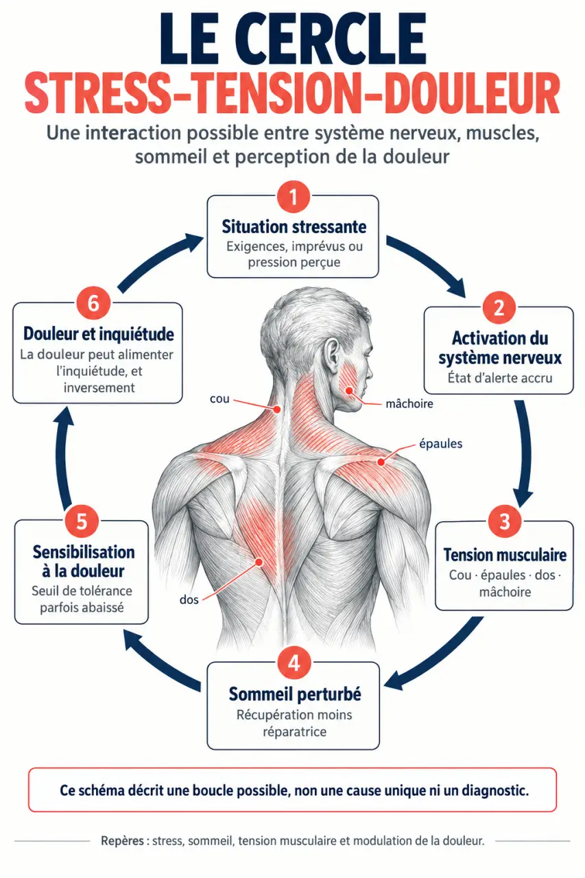 Infographie sur le stress et les douleurs musculaires et articulaires et le cercle tension-douleur