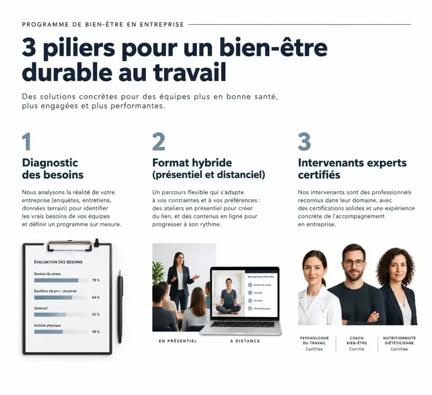 Infographie des trois piliers pour réussir son team building bien-être au travail