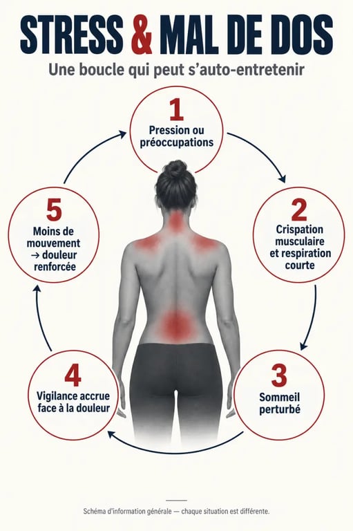 Schéma du lien entre stress et mal de dos, tensions musculaires, sommeil et douleur