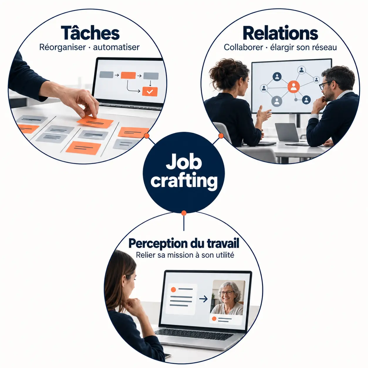 Schéma des trois dimensions du job crafting : tâches, relations et perception du travail