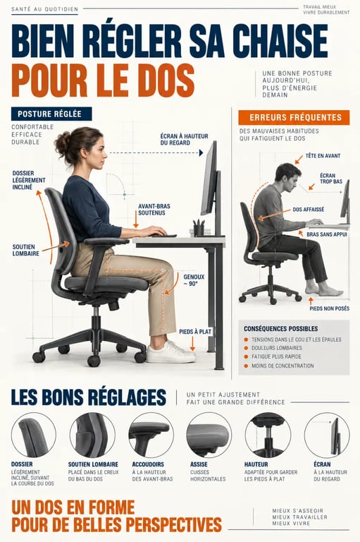 Chaise de bureau pour mal de dos et réglages ergonomiques du poste de travail