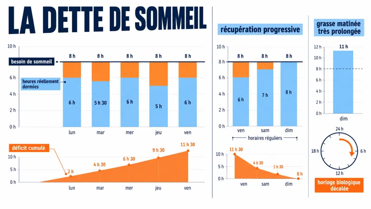 Infographie sur la dette de sommeil, le déficit cumulé et la récupération progressive