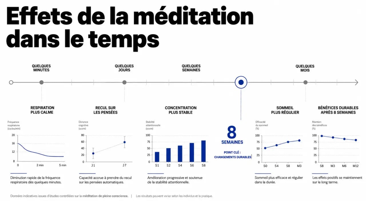 Au bout de combien de temps la méditation fait effet : frise des effets dès les premières minutes jusqu’à 8 semaines
