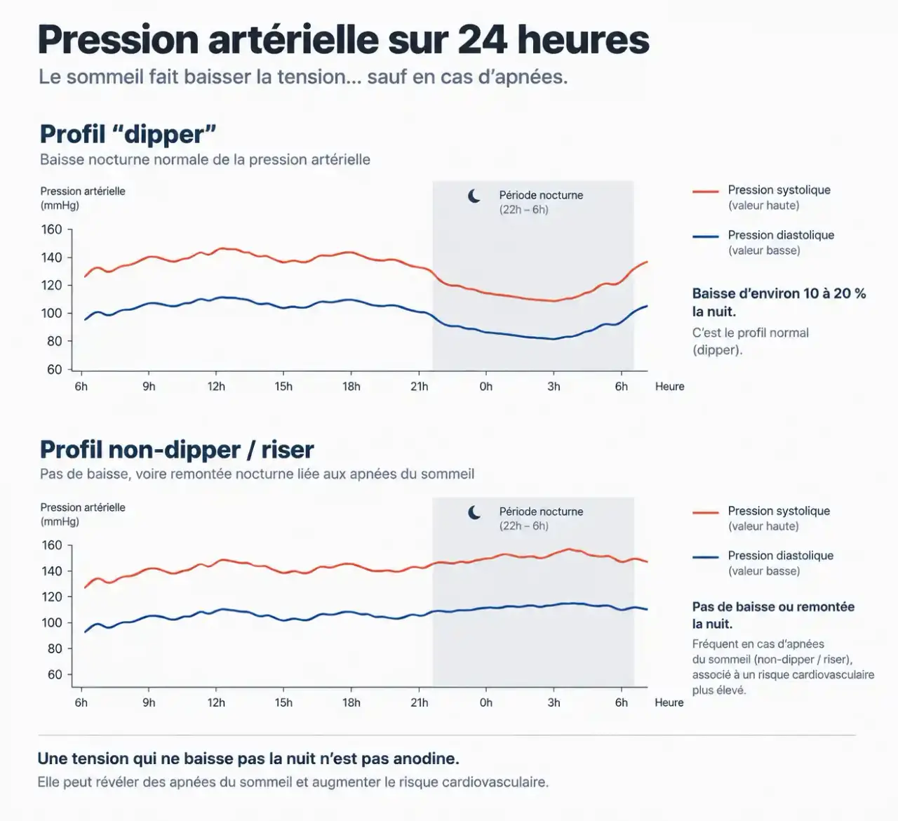 Schéma de la tension artérielle sur 24 heures : profil dipper et non-dipper dans l'apnée du sommeil et l'hypertension