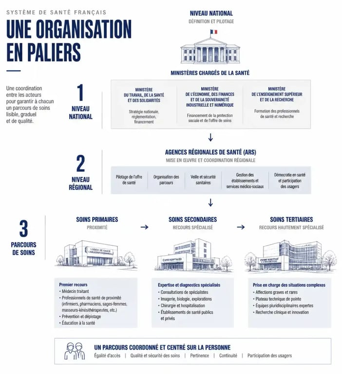 Schéma de l'organisation du système de santé et du health care en France par niveaux de soins