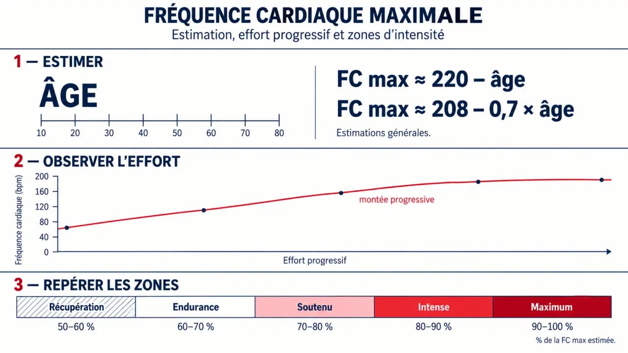 Infographie pour calculer frequence cardiaque maximale avec formules, courbe d’effort et zones d’intensité