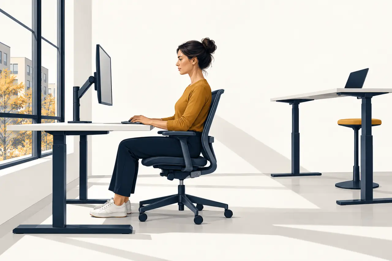 Illustration de prévention TMS bureau avec réglage ergonomique du siège, de l’écran, du clavier et de la souris