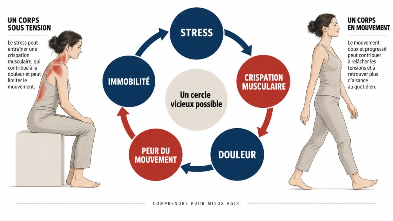 Infographie sur le lien entre sciatique et stress et le cercle douleur tension immobilité
