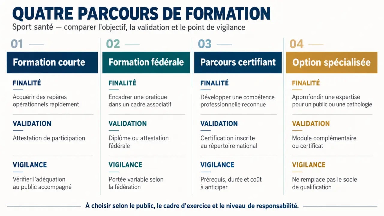 Formation sport santé : comparaison des parcours courts, fédéraux, certifiants et spécialisés