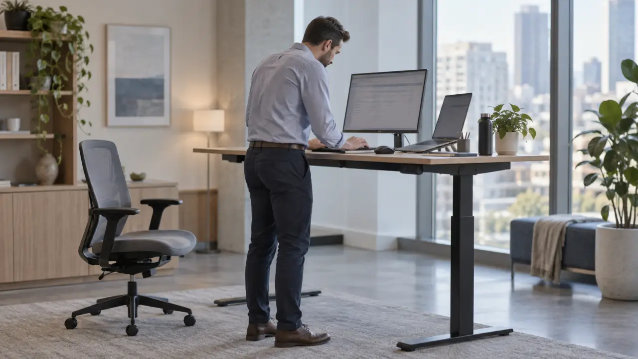Bureau assis-debout minimaliste dans un espace de travail lumineux