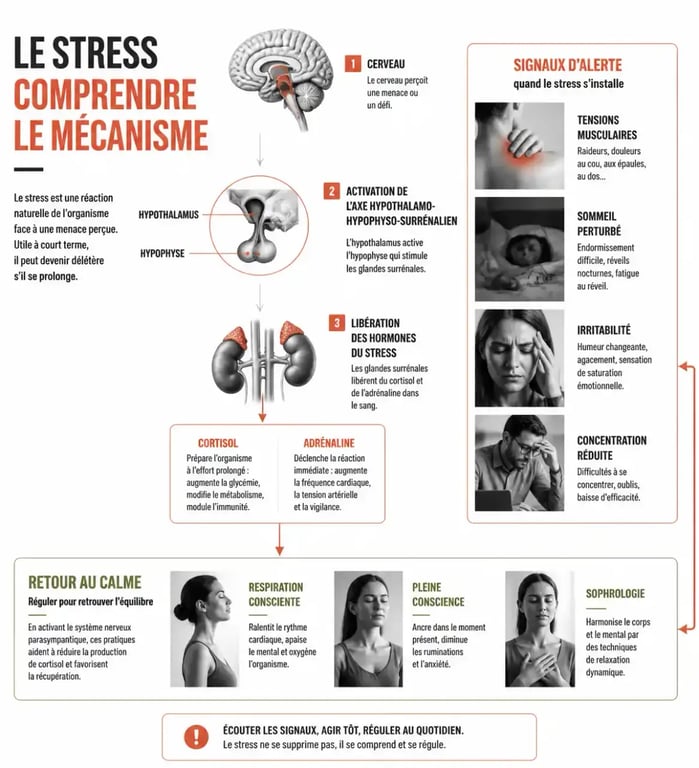 Atelier gestion du stress : schéma du mécanisme biologique du stress et des techniques de régulation