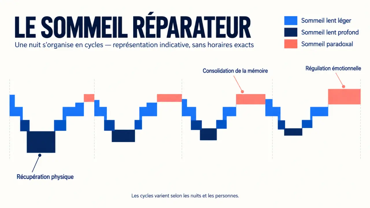 Visuel pédagogique sur les phases du sommeil réparateur et leurs fonctions