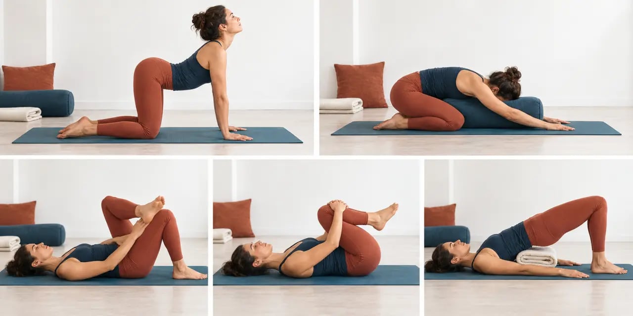 Routine de yoga pour mal de dos avec cinq postures douces illustrées
