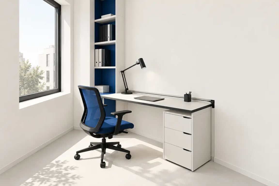 Aménagement bureau professionnel petit espace avec rangement vertical et poste ergonomique
