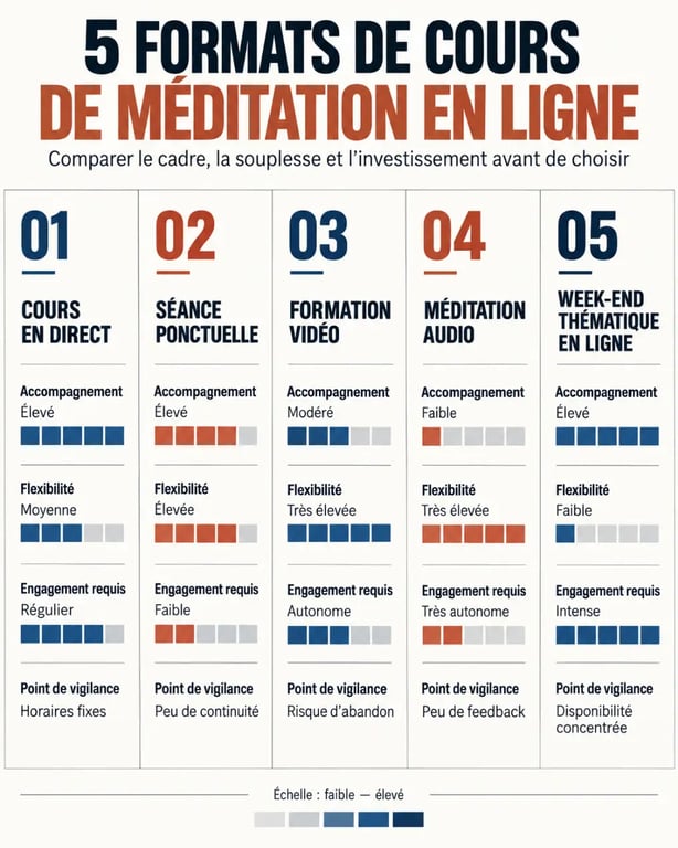 Infographie des formats de cours de méditation en ligne et de leurs niveaux d'accompagnement