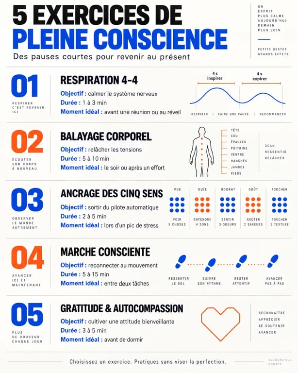 Infographie des exercices de pleine conscience avec durée, objectif et moment idéal